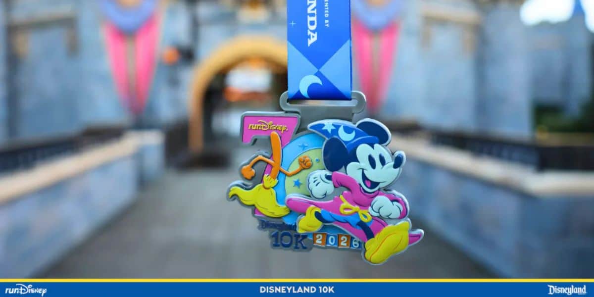 The 2024 Disneyland 10K medal shines with Mickey Mouse racing by the castle—an iconic keepsake for runDisney fans.