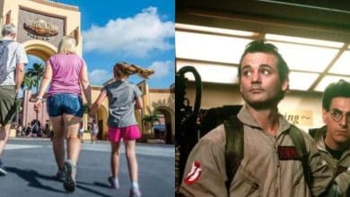 split image: on the left, a family enters universal studios florida. on the right, original ghostbusters characters
