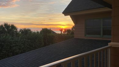 A vibrant sunrise over the ocean, viewed from a Disney Resort porch, with trees and buildings framing the New Year's magic.