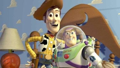 Woody and Buzz in 'Toy Story' (1995) with Woody's arm wrapped around Buzz