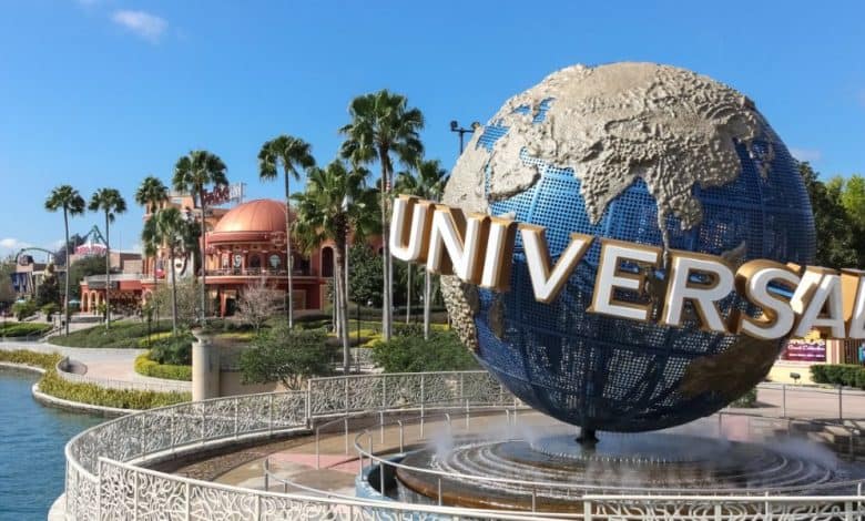 Universal Orlando's iconic spinning globe with Hard Rock Cafe and Islands of Adventure in the distance. Universal Orlando ticket deal