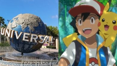 split iamge: on the left, Universal Orlando's spinning globe. on the right, ash and pikachu from pokemon movie