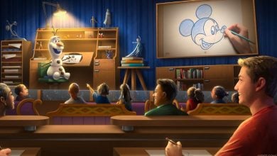 Olaf leads a lively drawing class, teaching guests of all ages how to sketch Mickey Mouse on a big screen at a Disney park.