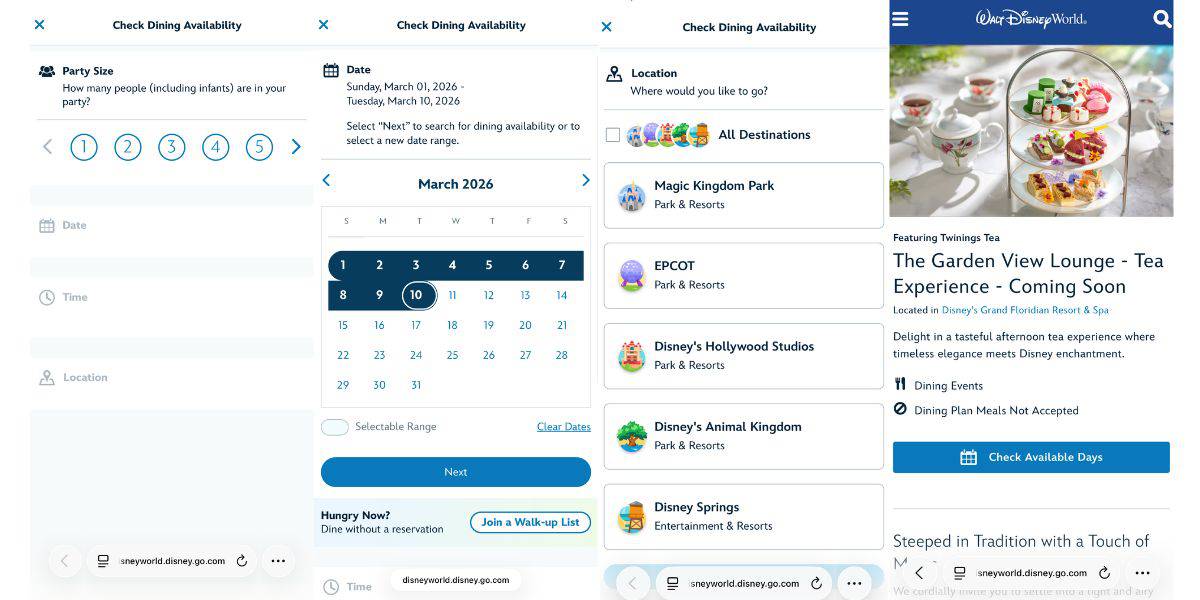 The Disney dining app lets theme park fans pick dates, guest numbers, and book The Garden View tea for a magical resort experience.
