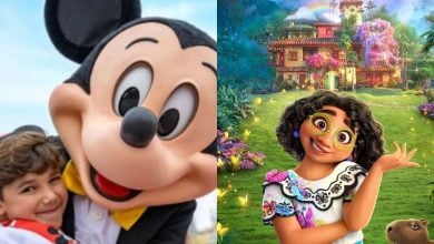 split image: on the left, a young boy posing with Mickey Mouse. on the right, Mirabel in front of Casa Madrigal from 'Encanto' movie