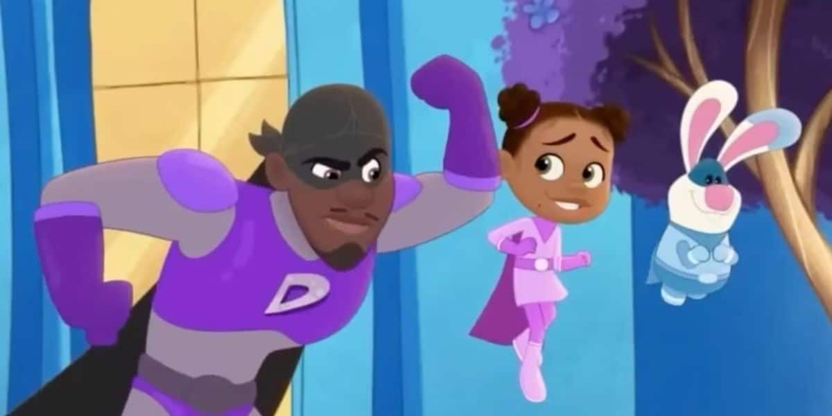 Beloved park mascots—a superhero, adventurous girl, and caped bunny—leap heroically in a vibrant animated parade scene.