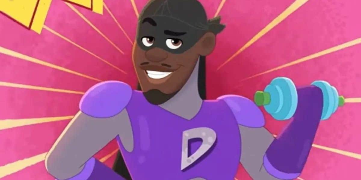 Dynamo, our purple-suited hero, grins and lifts a blue dumbbell against a playful pink backdrop at Funland Adventure Park.