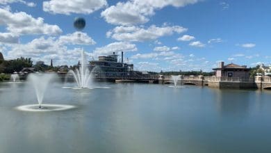A lagoon at Disney Springs. Aerophile is visible in the background.