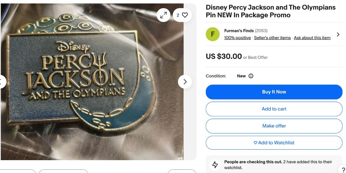 Percy Jackson and the Olympians Disney promo pin in original packaging, available online for $30—even though it was free at Walt Disney World