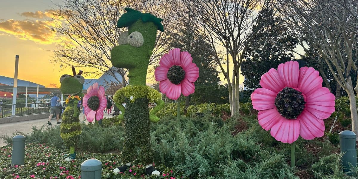 Whimsical topiary bugs and giant pink flower sculptures decorate the garden at EPCOT during the Flower & Garden Festival at sunset.