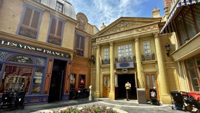 Step into EPCOT's France Pavilion with its wine shop, ornate theater, strollers, and vibrant flower beds for a Parisian escape.