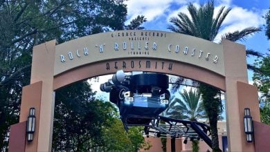 Rock 'n' Roller Coaster archway at Disney, featuring Aerosmith branding, coaster car, and palm trees in the backdrop.