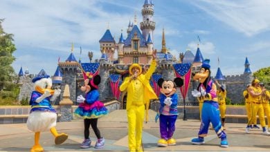 Beloved Disney characters and entertainers in vivid costumes gather before Sleeping Beauty Castle, celebrating Disneyland magic.