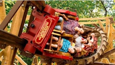 Guests enjoy the thrills of Silver Dollar City’s Classic Ride, grinning as the coaster speeds through its final curve amid the trees.