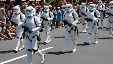 Stormtroopers in a parade during Star Wars Weekend at Disney's Hollywood Studios.
