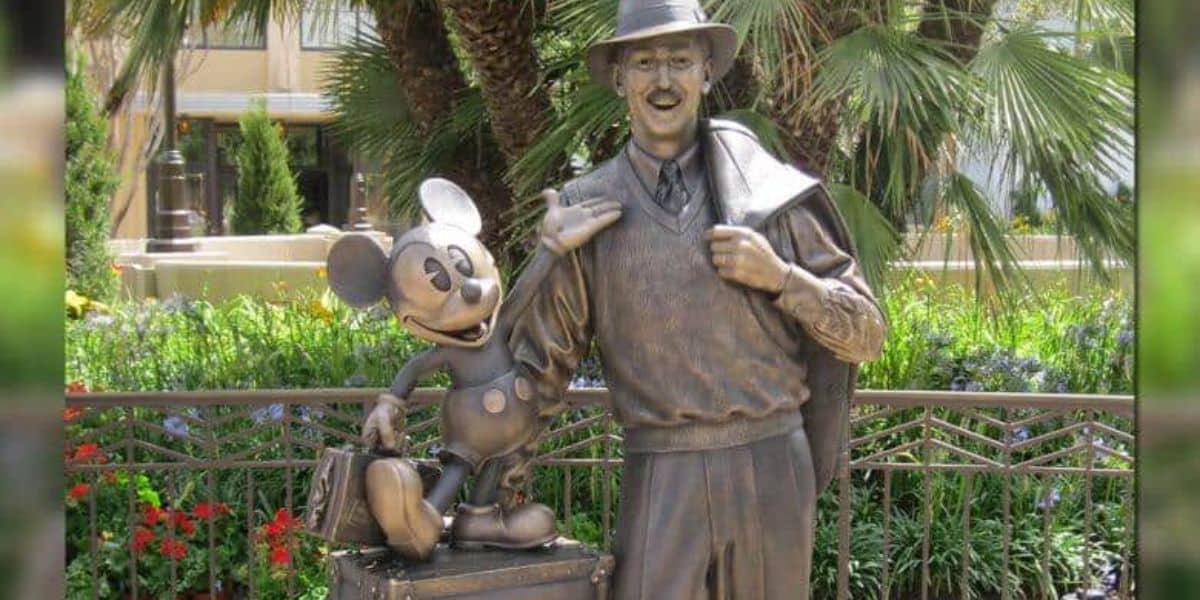Iconic bronze statue of Walt Disney and Mickey Mouse, "Storytellers'