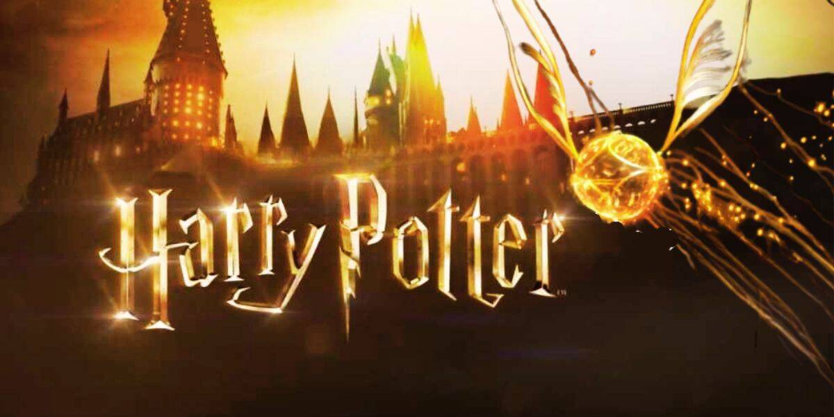 The Golden Snitch and Harry Potter logo set against Hogwarts Castle at sunset inside The Wizarding World of Harry Potter.