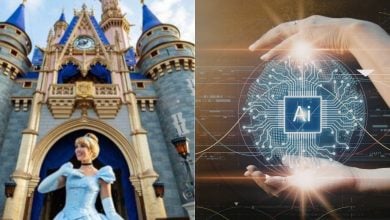 split image: on the left, cinderella stands in front of castle in disney world. on the right, human hands hold AI technology