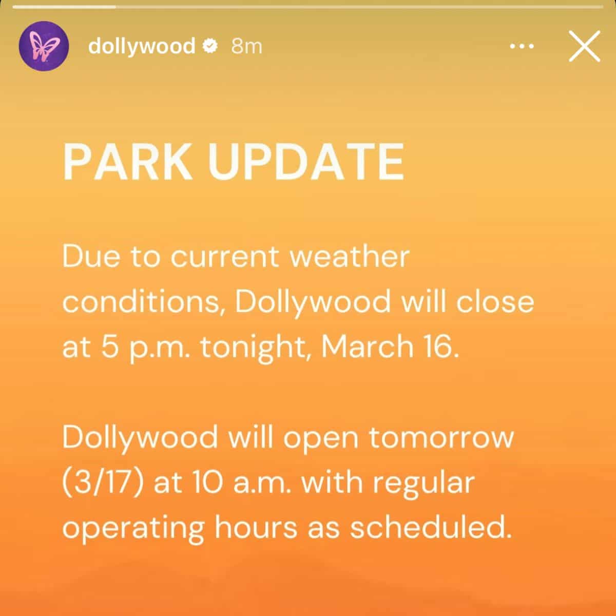 Dollywood notice: Park closing early at 5 p.m. March 16 for weather; reopening at 10 a.m. March 17.