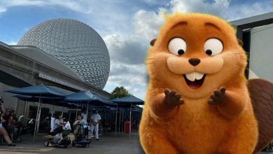 A beaver from 'Hoppers' edited in front of Spaceship Earth at EPCOT.