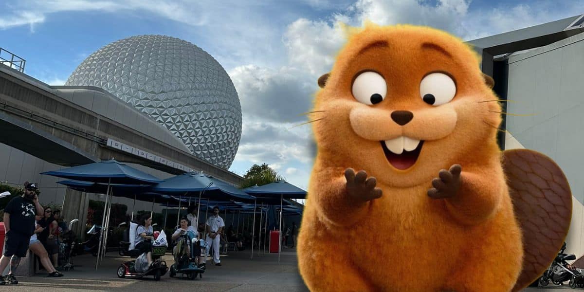 A beaver from 'Hoppers' edited in front of Spaceship Earth at EPCOT.