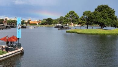 A rainbow over the EPCOT World Showcase Lagoon