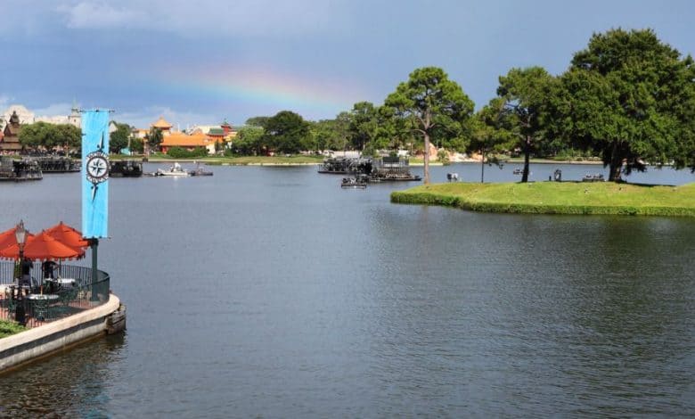 A rainbow over the EPCOT World Showcase Lagoon