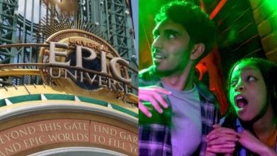 split image with epic universe entrance on the left and scared guests from Halloween Horror Nights on the right