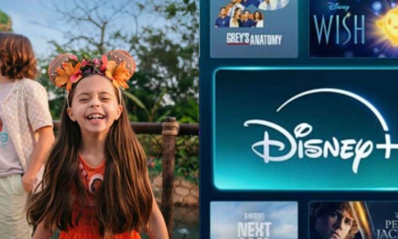 split image: on the left, a little girl with mickey mouse ears in front of journey of water in EPCOT park. on the right, the disney+ logo surrounded by popular movies and shows