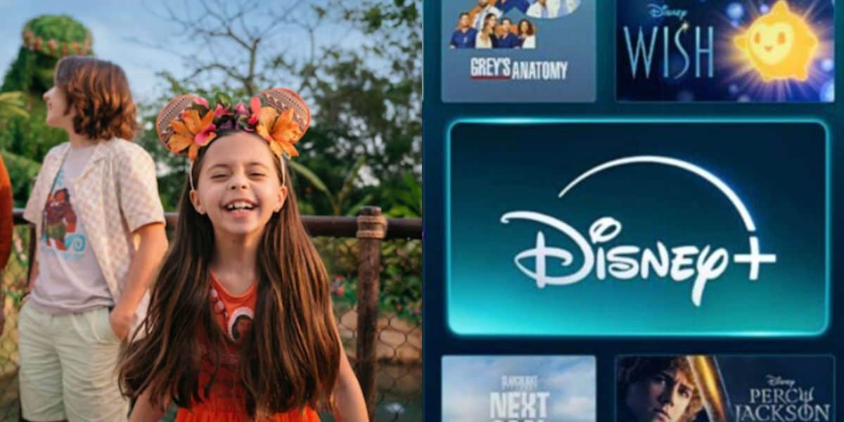 split image: on the left, a little girl with mickey mouse ears in front of journey of water in EPCOT park. on the right, the disney+ logo surrounded by popular movies and shows