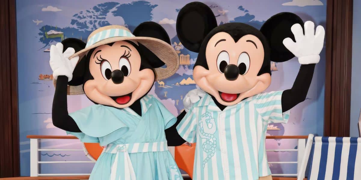 Mickey and Minnie Mouse in their nautical outfits in the Disney Vacation Club lounge at EPCOT