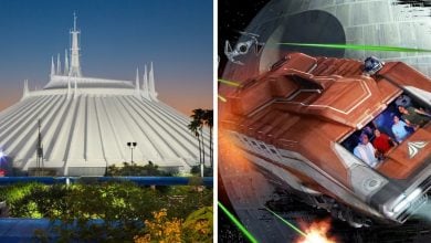 Space Mountain and Star Tours at Disneyland, side by side.