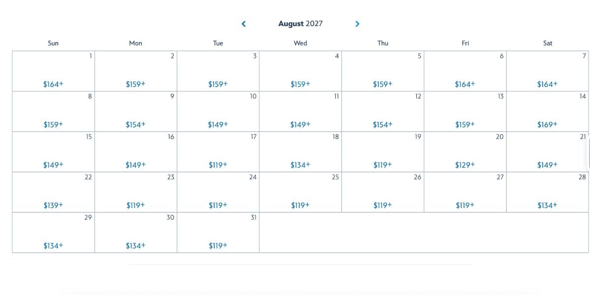 August 2027 Disney World calendar with daily ticket prices, highlighting $119+ to $164+ admission rates for each date.