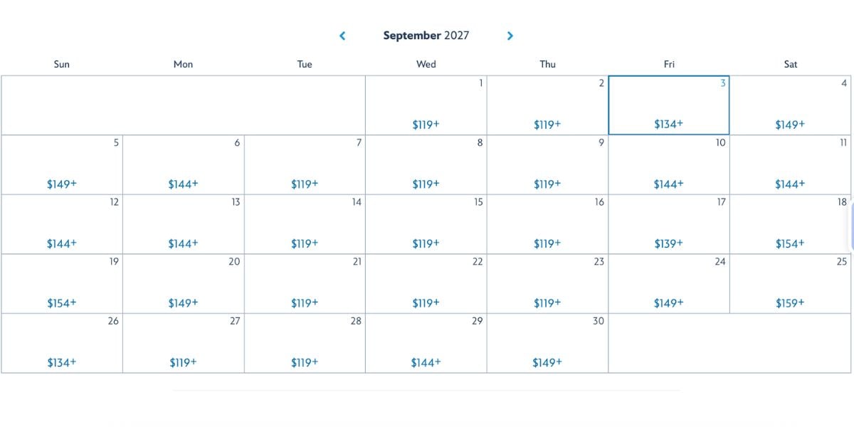 September 2027 Disney World ticket calendar showing daily admission prices, from $119+ to $159+, for park fans planning visits.