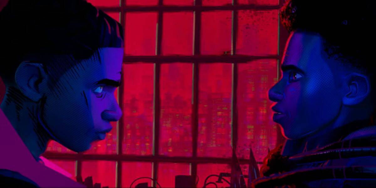 Miles G. Morales (The Prowler) faces off with Spider-Man Miles Morales in Across the Spider-Verse