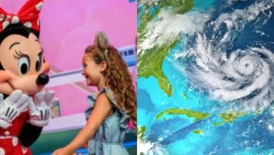 split image. on the left, a young guest meets Minnie Mouse in EPCOT. on the right, a major hurricane nears Florida coast