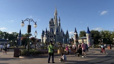 Guests gather outside Cinderella Castle at Magic Kingdom, enjoying the sunshine and fairytale atmosphere.