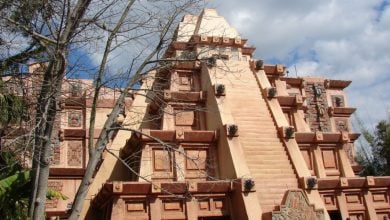 The pyramid in the Mexico World Showcase Pavilion in EPCOT on a cloudy day.