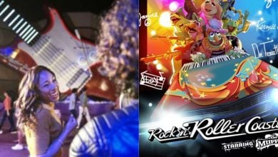 split image: on the left, the old Rock n Roller Coaster. on the right, concept art for Muppet coaster in Hollywood Studios