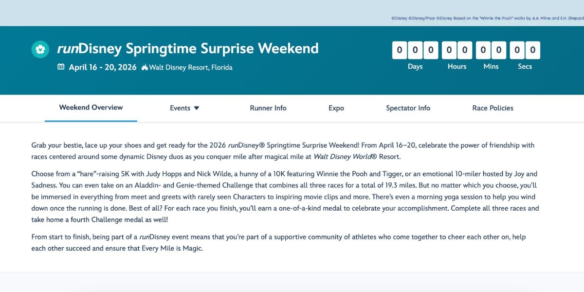 RunDisney Springtime Surprise Weekend webpage with event details, countdown timer, and RunDisney Expo info at bustling Disney World.