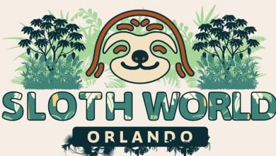 SLOTH WORLD ORLANDO logo featuring a smiling sloth above bold text, framed by lush green jungle leaves for theme park fans.