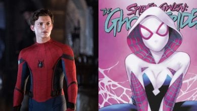 split image: on the left, tom holland as spider-man. on the right, the cover of a spider-gwen comic