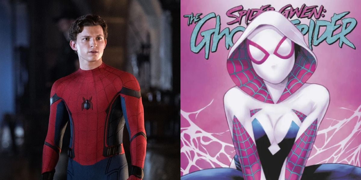 split image: on the left, tom holland as spider-man. on the right, the cover of a spider-gwen comic