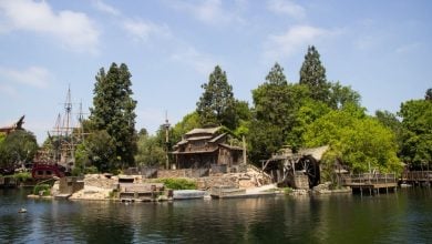 Pirate's Lair on Tom Sawyer Island at Disneyland Park, as seen from the shore.