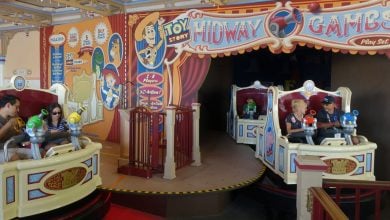 Guests riding Toy Story Midway Mania at Disney California adventure