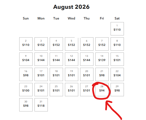 August 2026 calendar with daily ticket prices; August 28 highlighted at $94—ideal for Epic Universe fans eyeing key adventure dates.