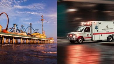 Left: Thrilling rides and colorful attractions at Santa Monica Pier; Right: Emergency vehicle racing down Broadway, lights blazing. Texas roller coaster rescue.