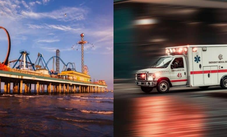 Left: Thrilling rides and colorful attractions at Santa Monica Pier; Right: Emergency vehicle racing down Broadway, lights blazing. Texas roller coaster rescue.