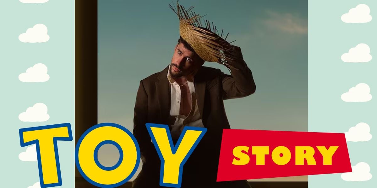 Woody from Toy Story poses in front of the iconic film logo and cloud backdrop, creating a magical Pixar experience.