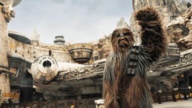 Chewy in front of Millenium Falcon: Smuggler's Run in Disney's Galaxy's Edge